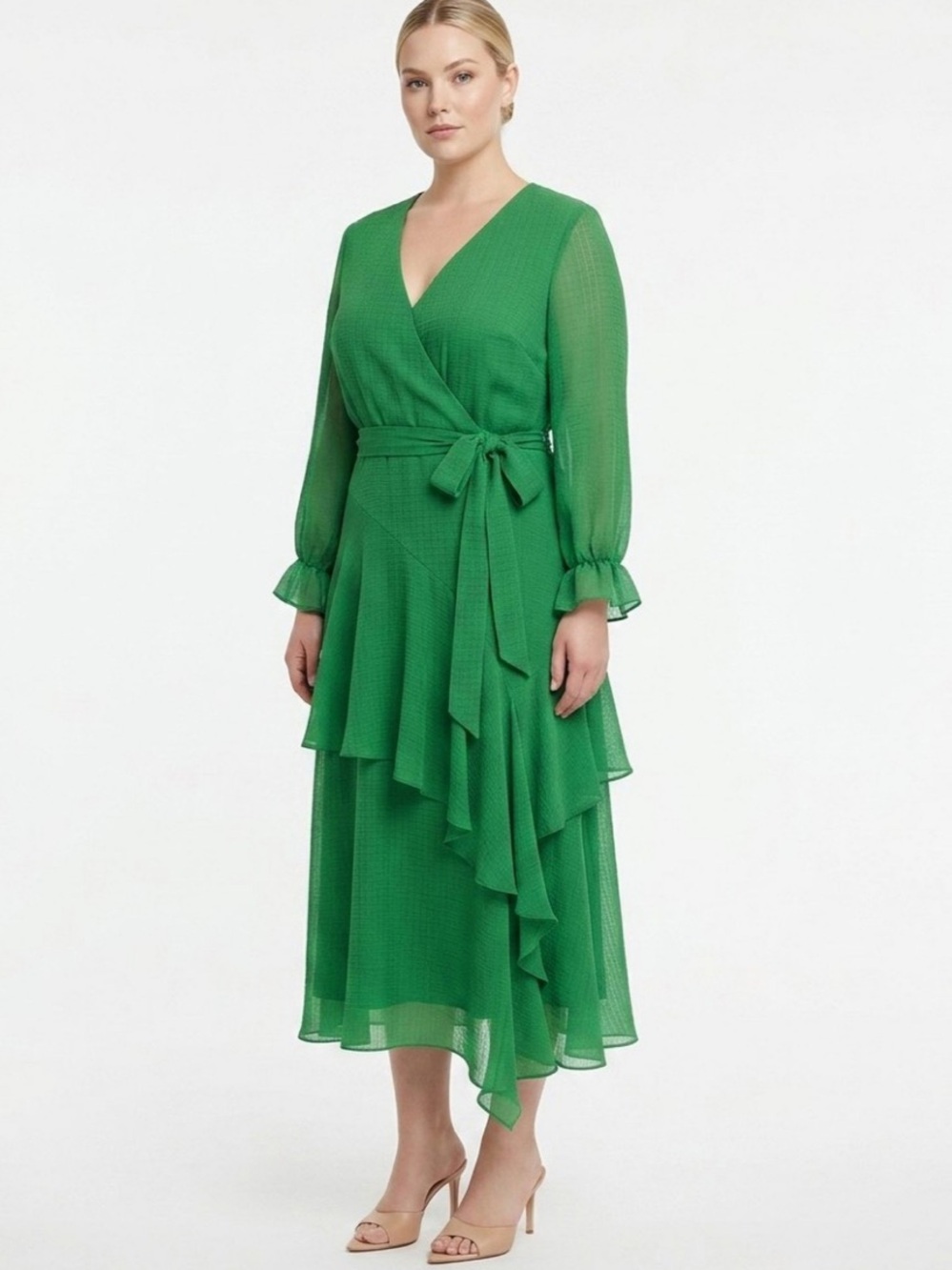 BLEEKER 126 Modern Ruffle Kelly Green Crepe Boho Chic Midi Dress Size 14 NWT
